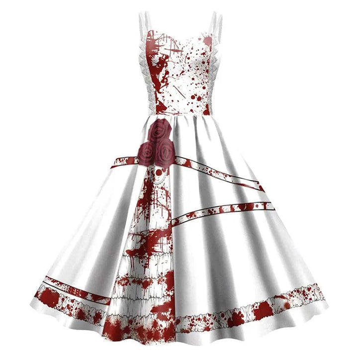 Abito da donna con scheletro di rosa per Halloween: elegante costume rockabilly con stampa gotica per carnevale, feste o celebrazioni natalizie 1