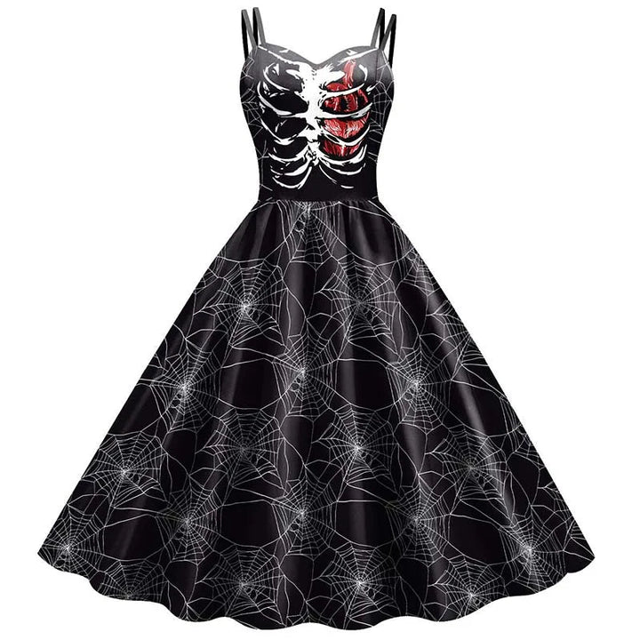 Abito da donna con scheletro di rosa per Halloween: elegante costume rockabilly con stampa gotica per carnevale, feste o celebrazioni natalizie 2