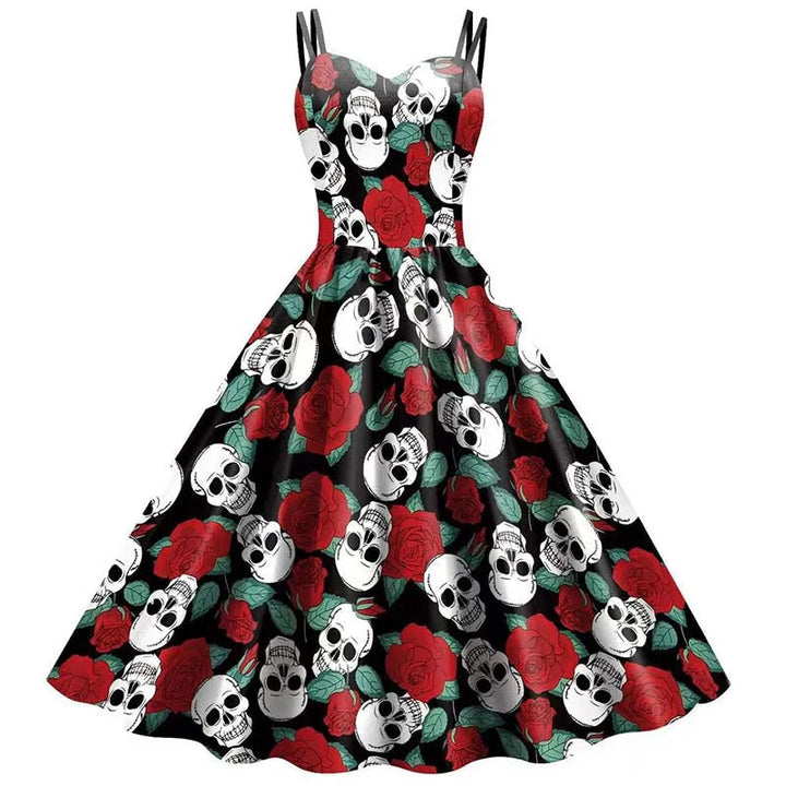 Abito da donna con scheletro di rosa per Halloween: elegante costume rockabilly con stampa gotica per carnevale, feste o celebrazioni natalizie 3