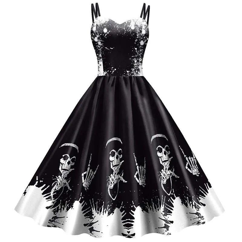 Abito da donna con scheletro di rosa per Halloween: elegante costume rockabilly con stampa gotica per carnevale, feste o celebrazioni natalizie 4