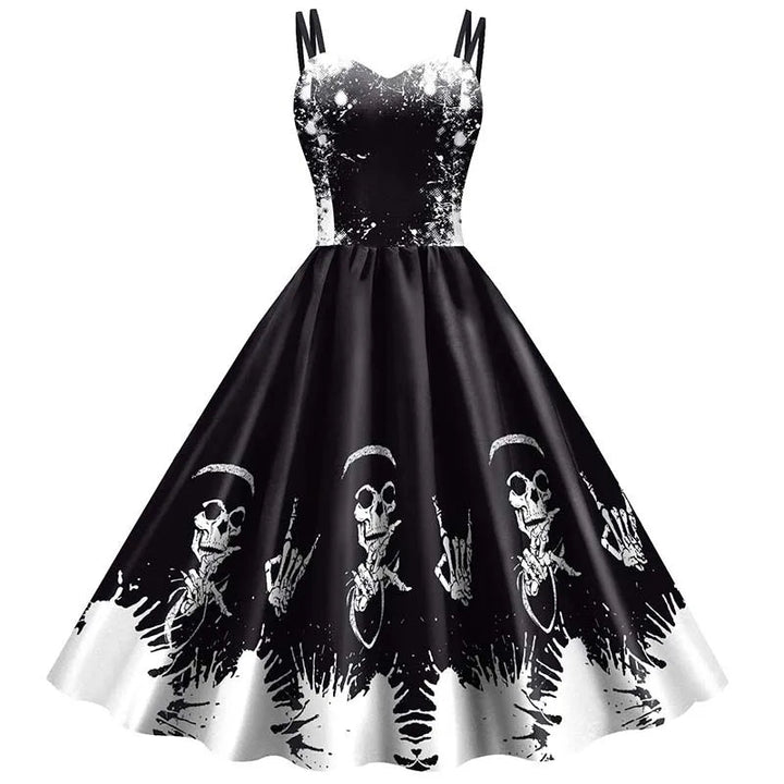 Abito da donna con scheletro di rosa per Halloween: elegante costume rockabilly con stampa gotica per carnevale, feste o celebrazioni natalizie 4