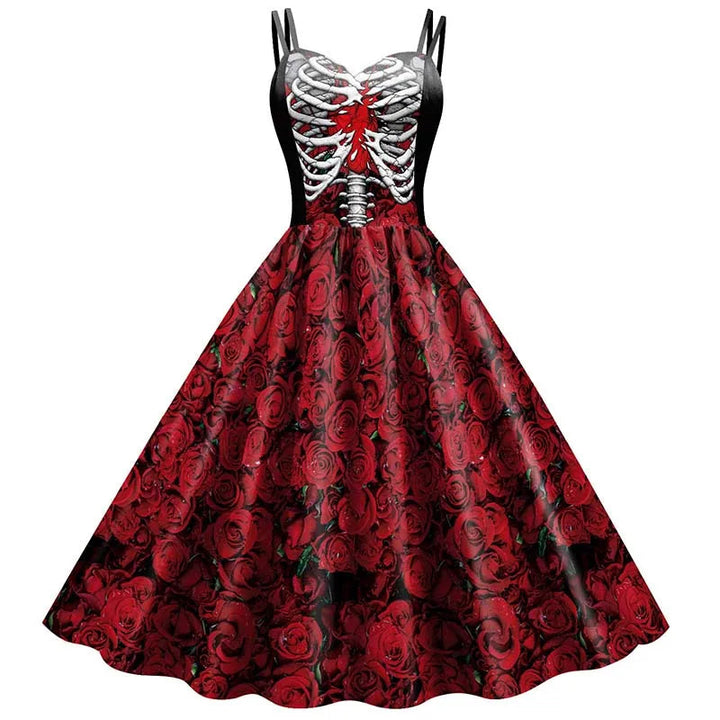 Abito da donna con scheletro di rosa per Halloween: elegante costume rockabilly con stampa gotica per carnevale, feste o celebrazioni natalizie 5