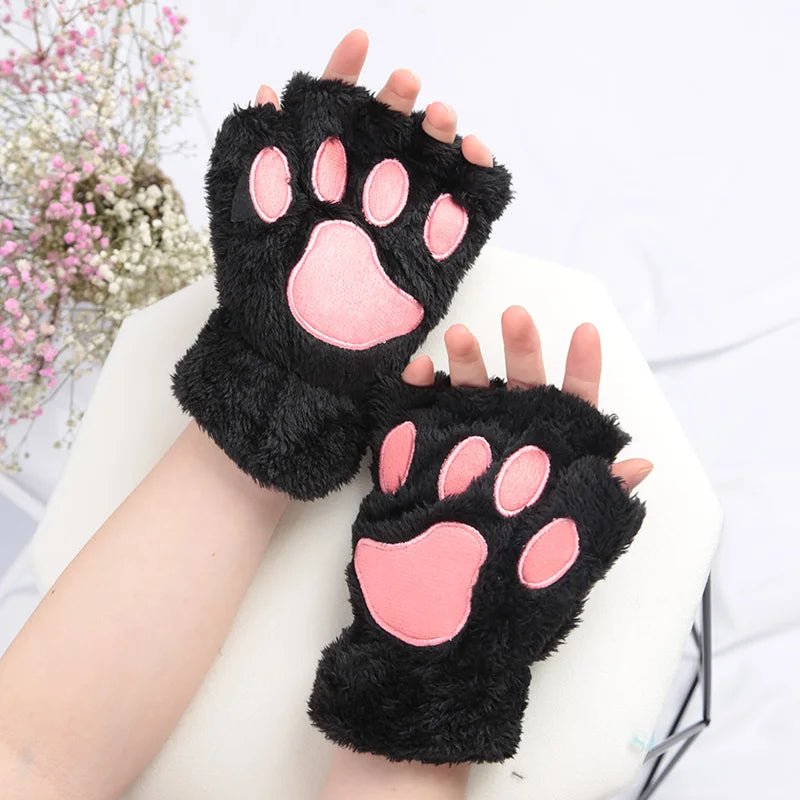 Guanti Donna Senza Dita Peluche Morbidi Forma Zampa Gatto - Vesarelli