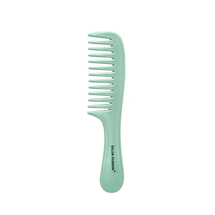 Pettine verde menta a denti larghi, ideale per capelli ricci o mossi, marchio "Salon Fashion", design ergonomico, accessorio per styling capelli.