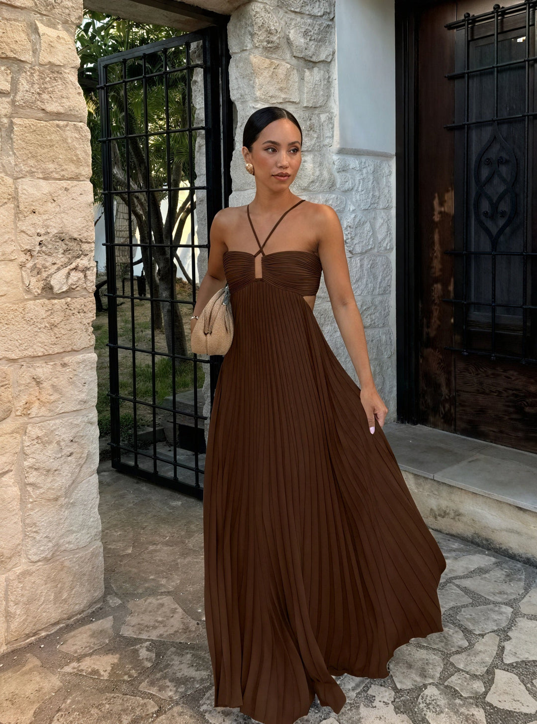 Abito Lungo Donna Plissettato Scollo Americano Elegante - Vesarelli