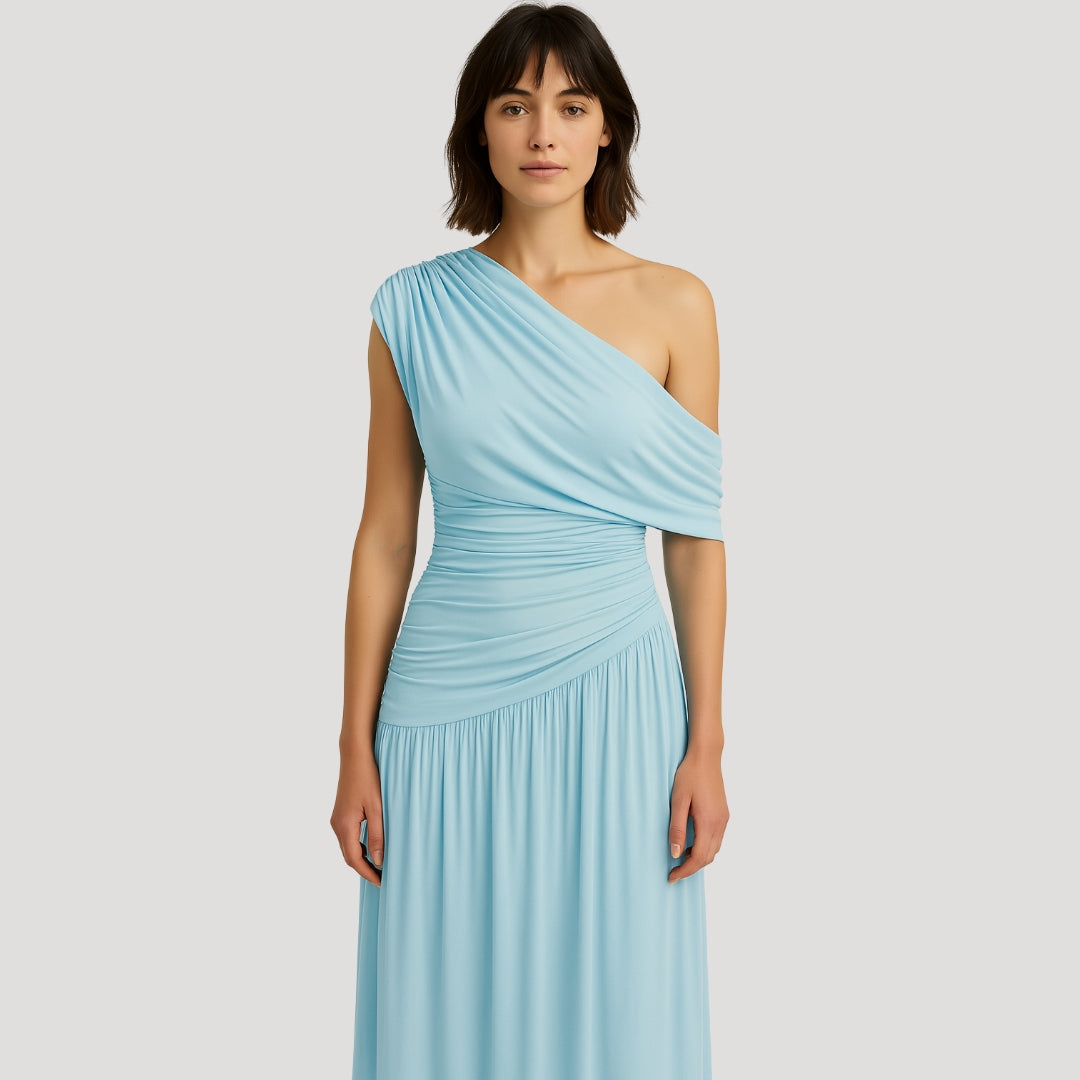 Alina | Donna Abito Lungo Monospalla con Volant Blu Chiaro
