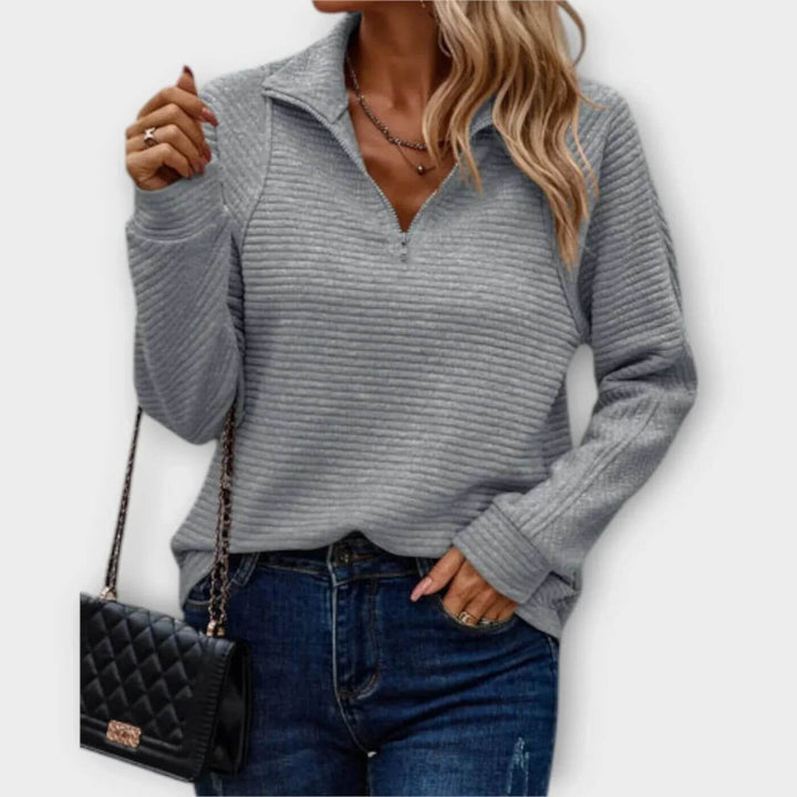 Maglione Donna a Coste Mezza Cerniera Maglia Scollo a V