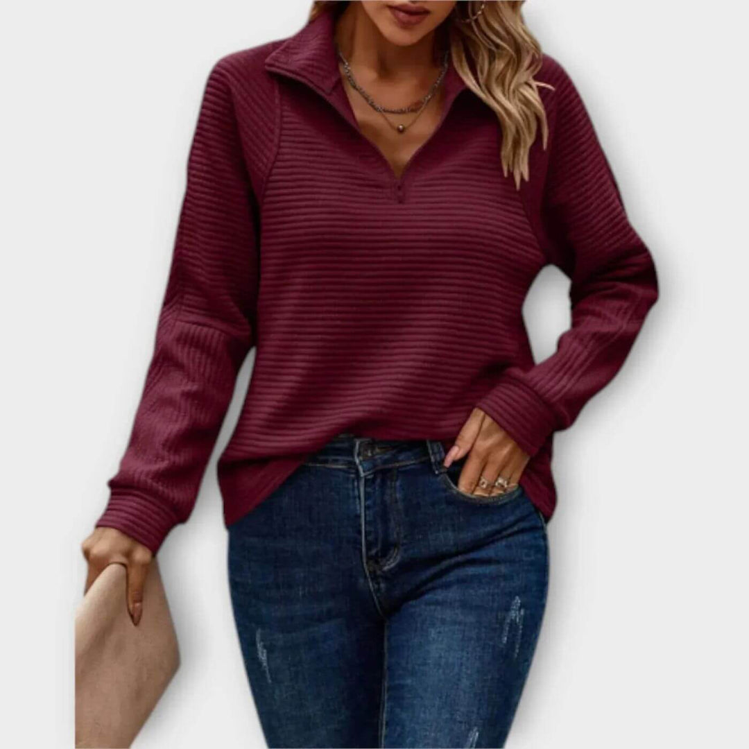 Maglione Donna a Coste Mezza Cerniera Maglia Scollo a V
