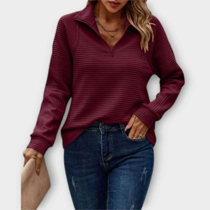 Maglione Donna a Coste Mezza Cerniera Maglia Scollo a V