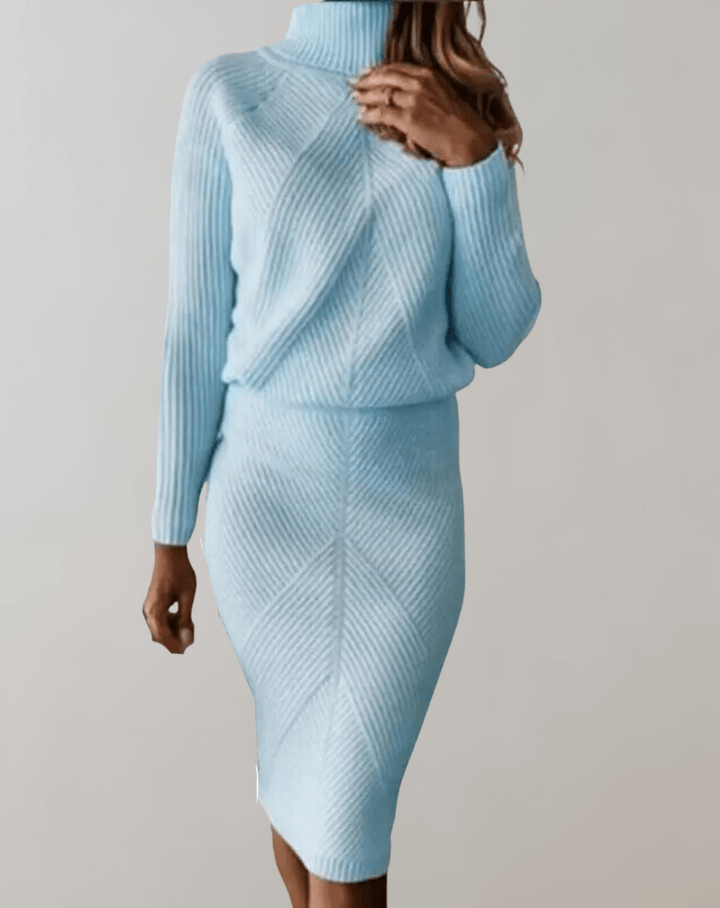 Completo Donna Maglia a Coste Maglione Collo Alto Gonna Aderente