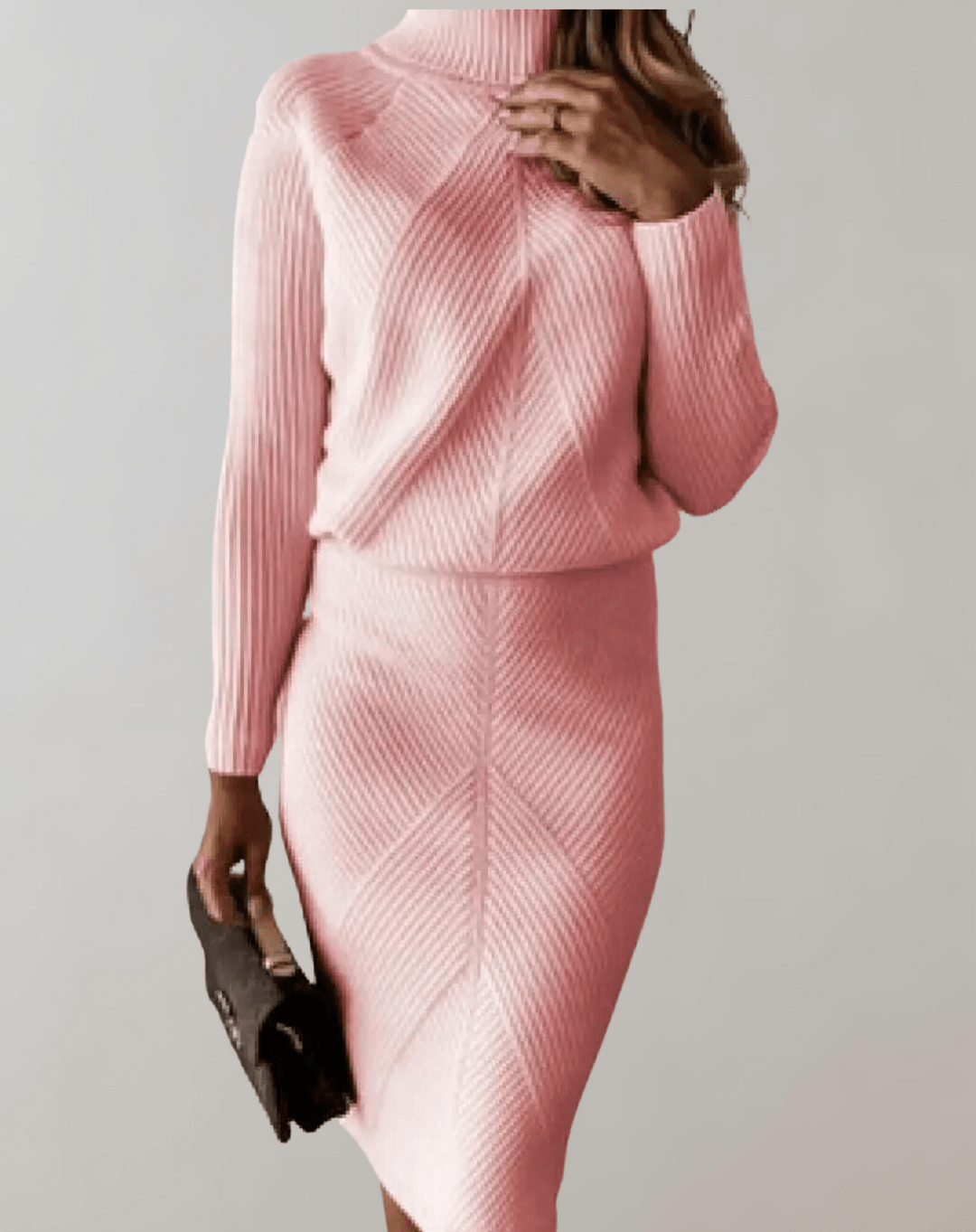Completo Donna Maglia a Coste Maglione Collo Alto Gonna Aderente