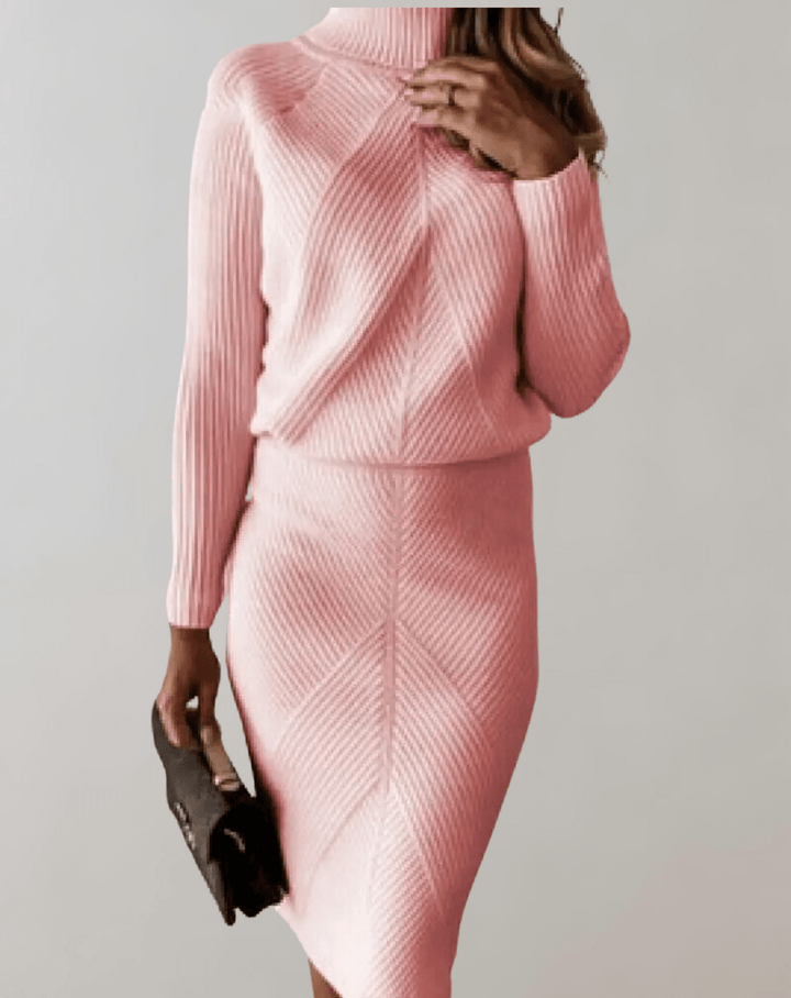 Completo Donna Maglia a Coste Maglione Collo Alto Gonna Aderente