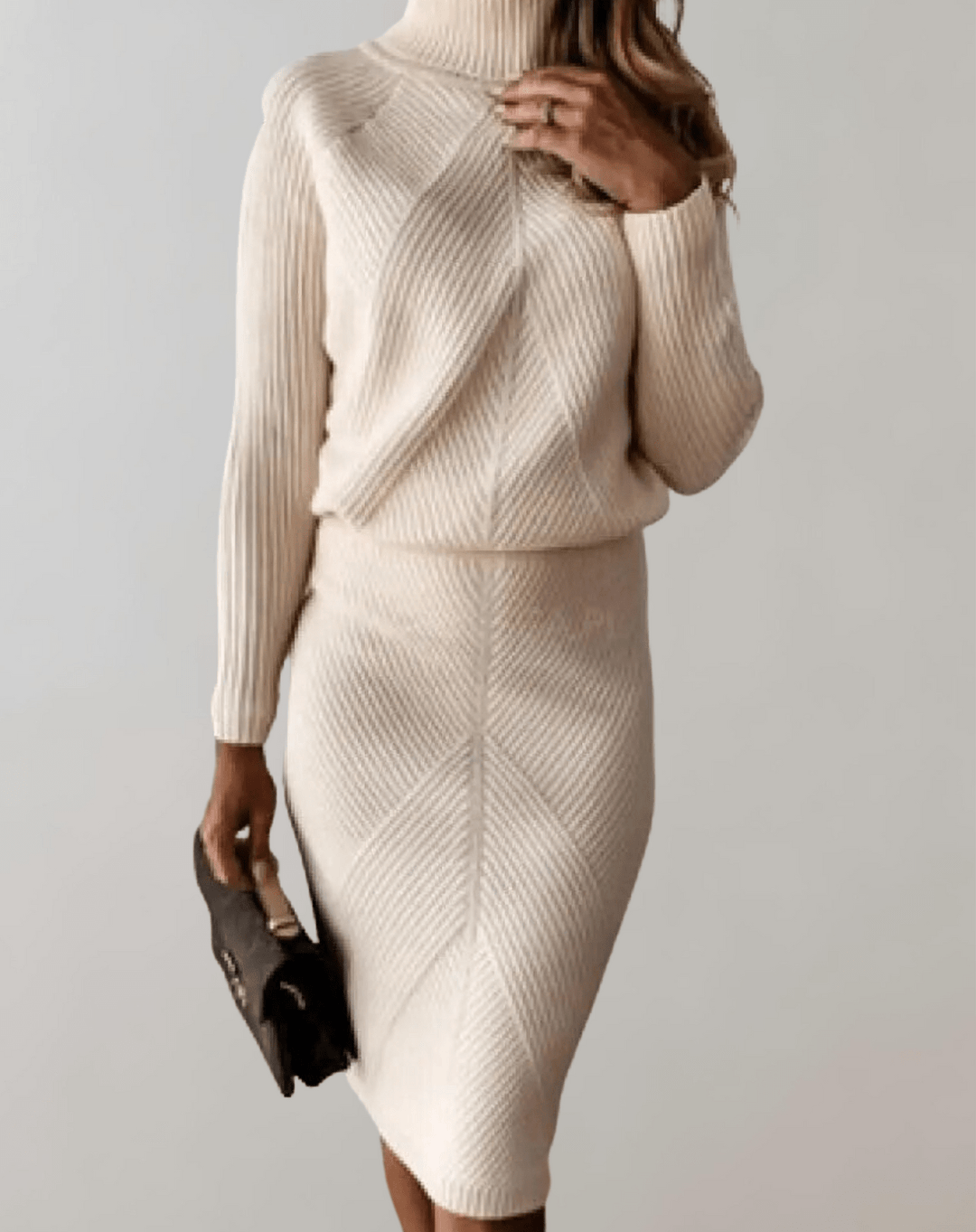 Completo Donna Maglia a Coste Maglione Collo Alto Gonna Aderente