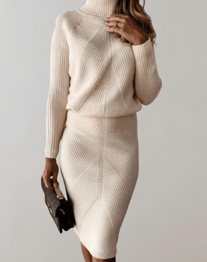 Completo Donna Maglia a Coste Maglione Collo Alto Gonna Aderente