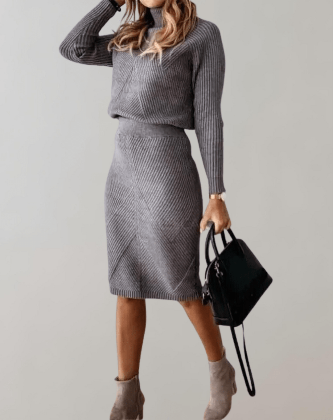 Completo Donna Maglia a Coste Maglione Collo Alto Gonna Aderente