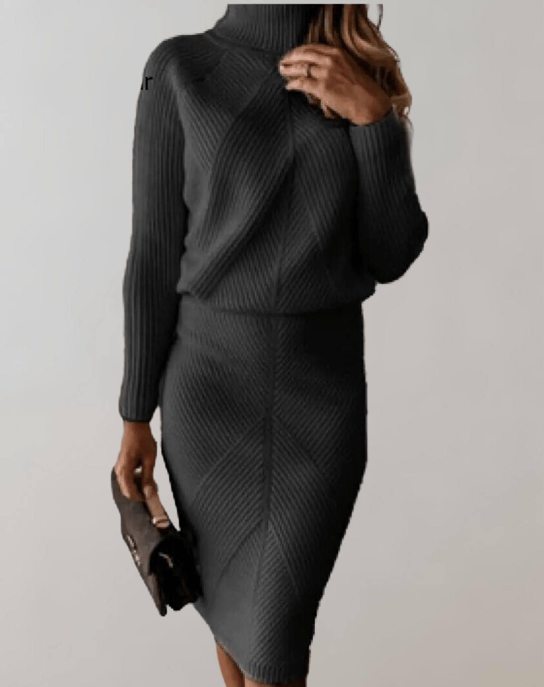 Completo Donna Maglia a Coste Maglione Collo Alto Gonna Aderente