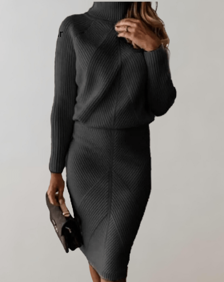 Completo Donna Maglia a Coste Maglione Collo Alto Gonna Aderente
