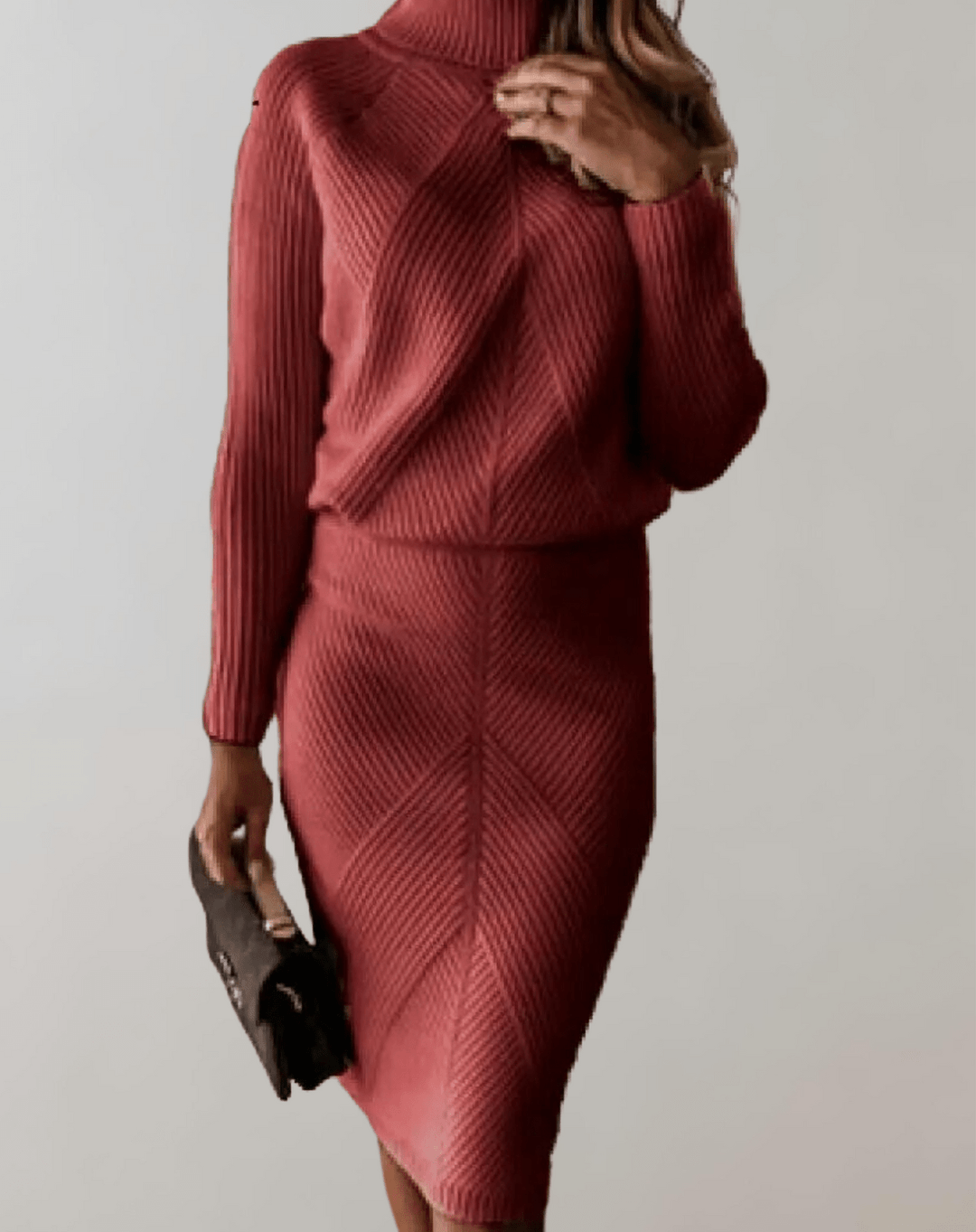 Completo Donna Maglia a Coste Maglione Collo Alto Gonna Aderente - Vesarelli