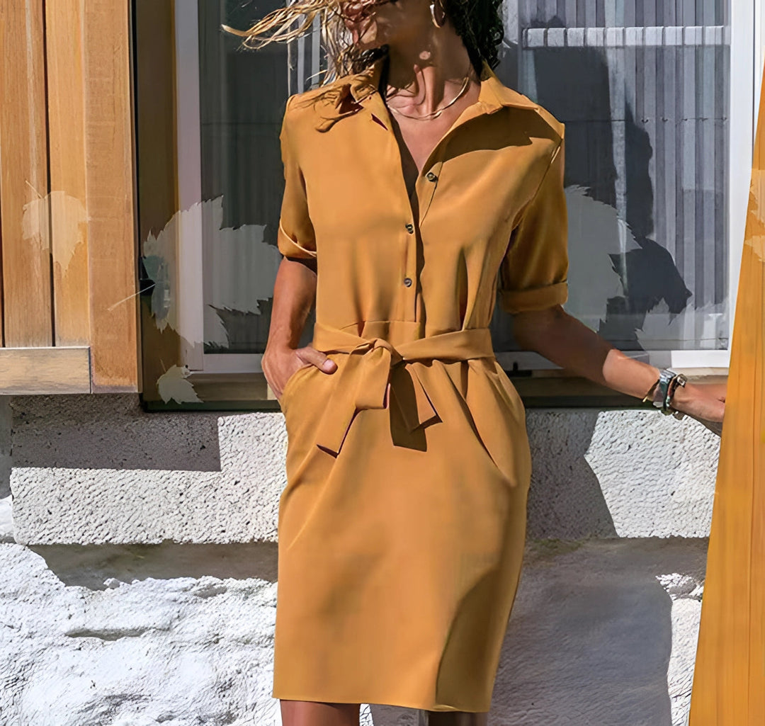 Abito Chemisier Donna Maniche Lunghe Cintura Stile Ufficio