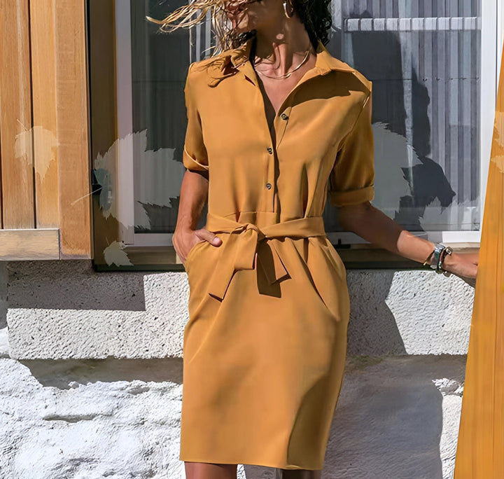 Abito Chemisier Donna Maniche Lunghe Cintura Stile Ufficio
