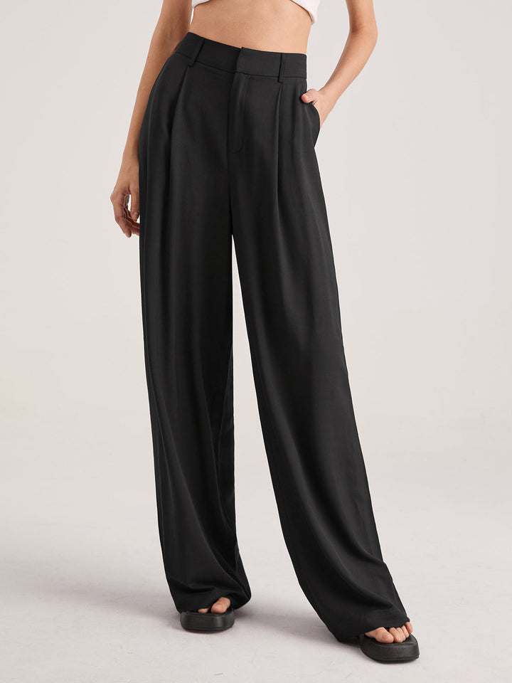 Pantaloni Donna Vita Alta Tessuto Fluido Gamba Larga - Vesarelli