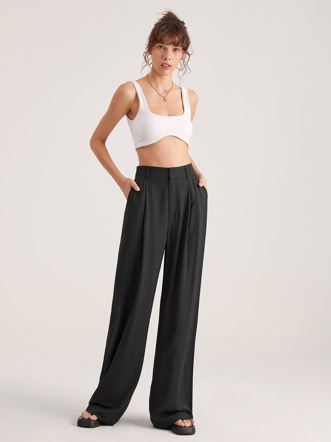 Pantaloni Donna Vita Alta Tessuto Fluido Gamba Larga