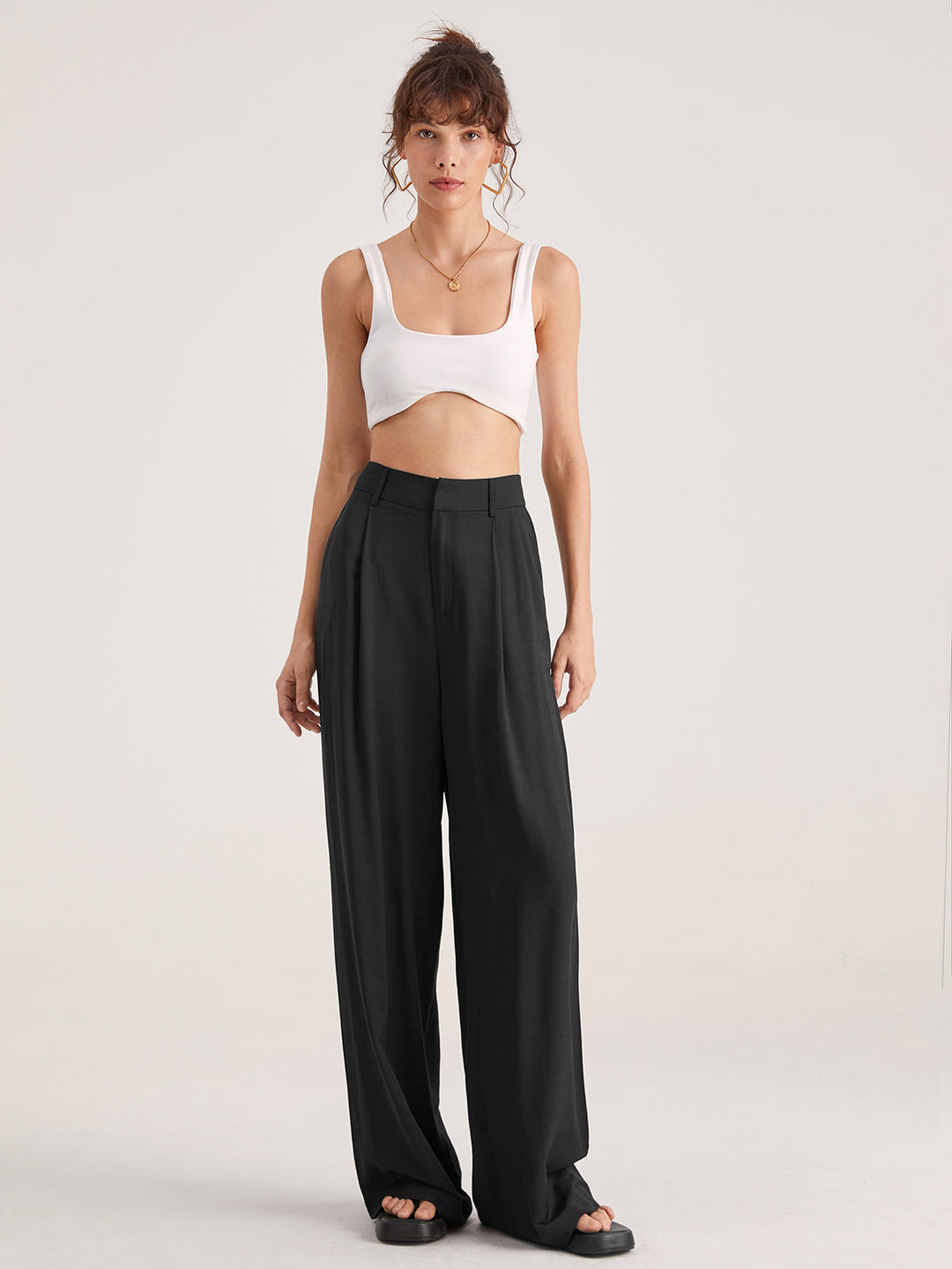 Pantaloni Donna Vita Alta Tessuto Fluido Gamba Larga