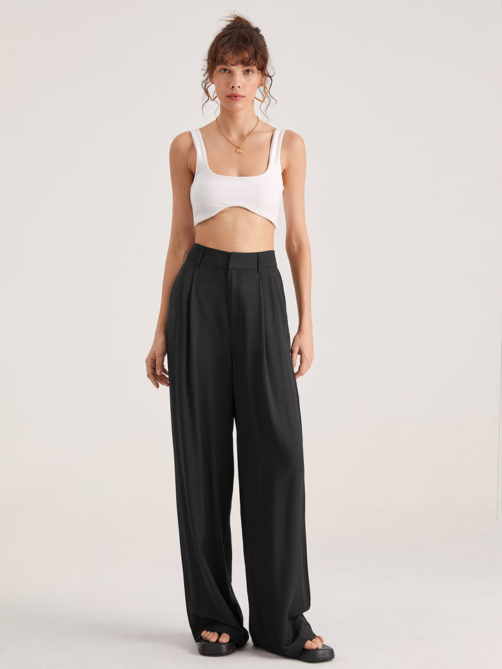 Pantaloni Donna Vita Alta Tessuto Fluido Gamba Larga