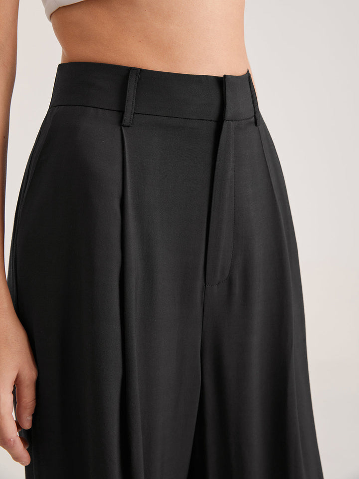 Pantaloni Donna Vita Alta Tessuto Fluido Gamba Larga