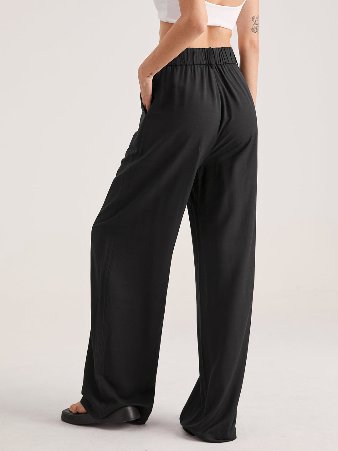 Pantaloni Donna Vita Alta Tessuto Fluido Gamba Larga