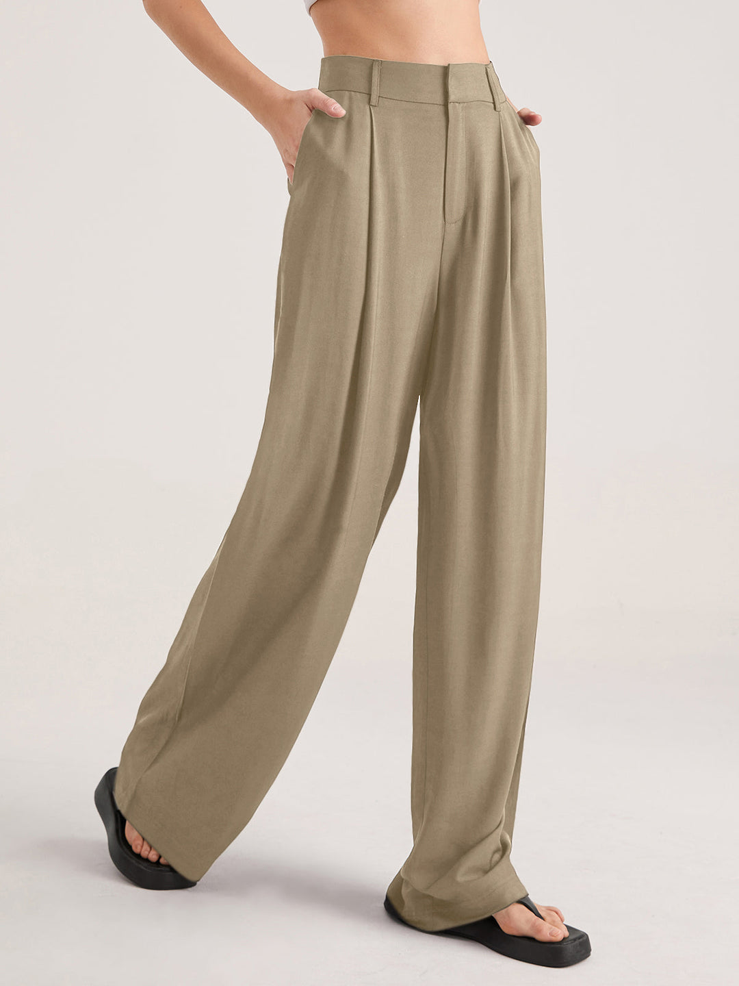 Pantaloni Donna Vita Alta Tessuto Fluido Gamba Larga