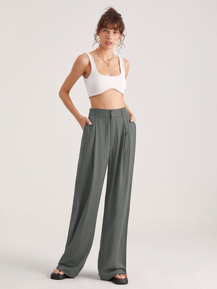 Pantaloni Donna Vita Alta Tessuto Fluido Gamba Larga