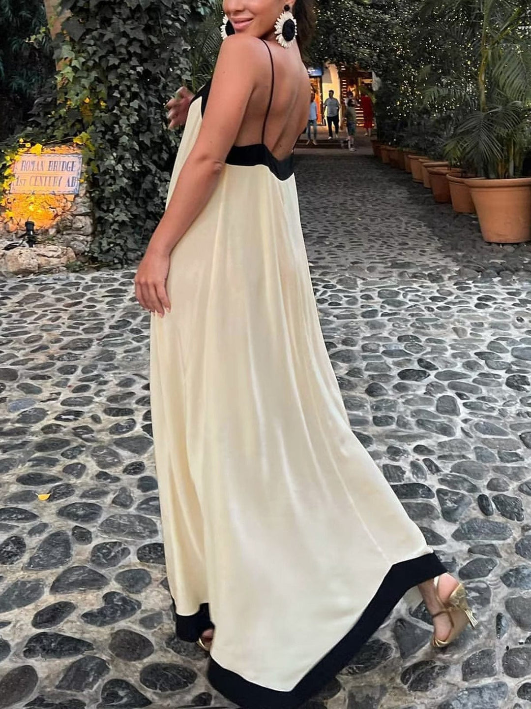 Abito Lungo Donna Scollo a V Spalline Sottili Taglio Fluido