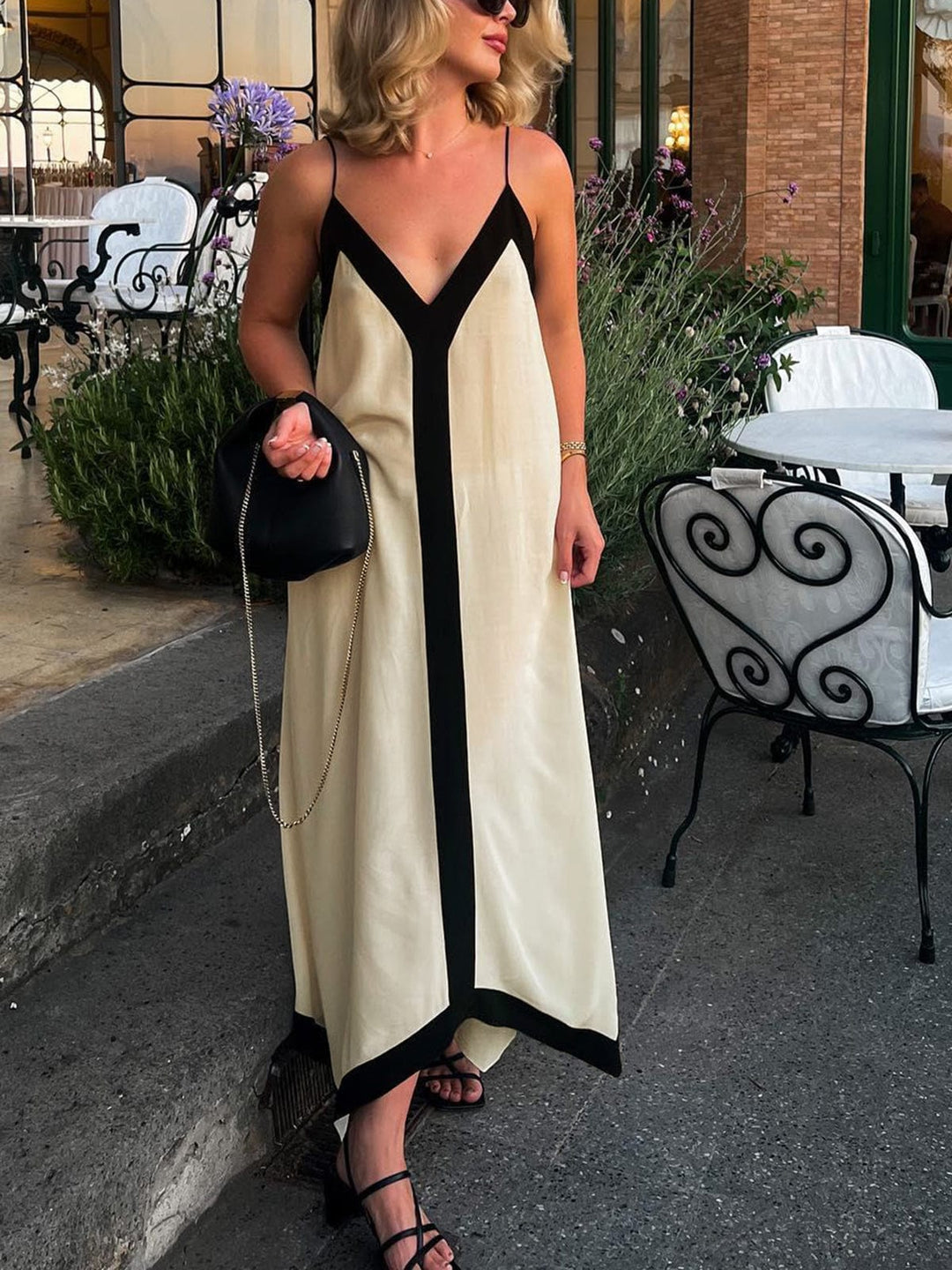 Abito Lungo Donna Scollo a V Spalline Sottili Taglio Fluido