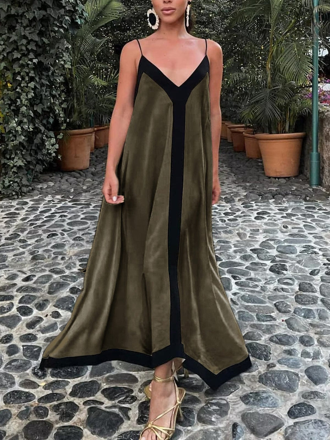 Abito Lungo Donna Scollo a V Spalline Sottili Taglio Fluido
