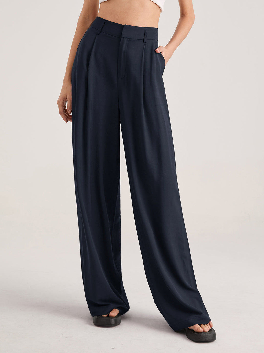 Pantaloni Donna Vita Alta Tessuto Fluido Gamba Larga