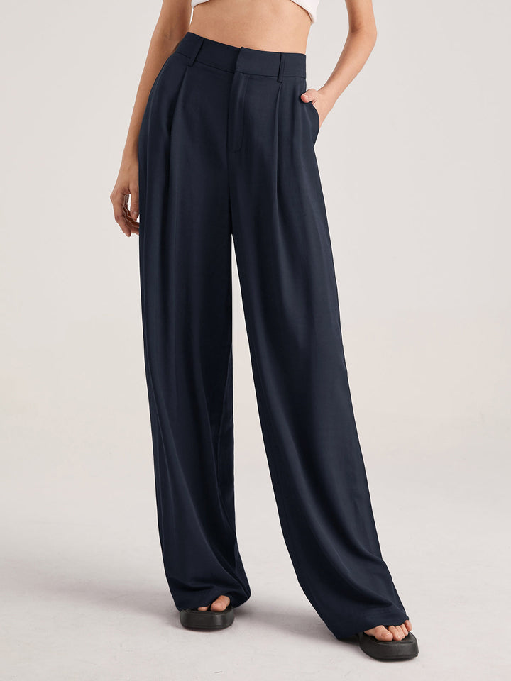 Pantaloni Donna Vita Alta Tessuto Fluido Gamba Larga