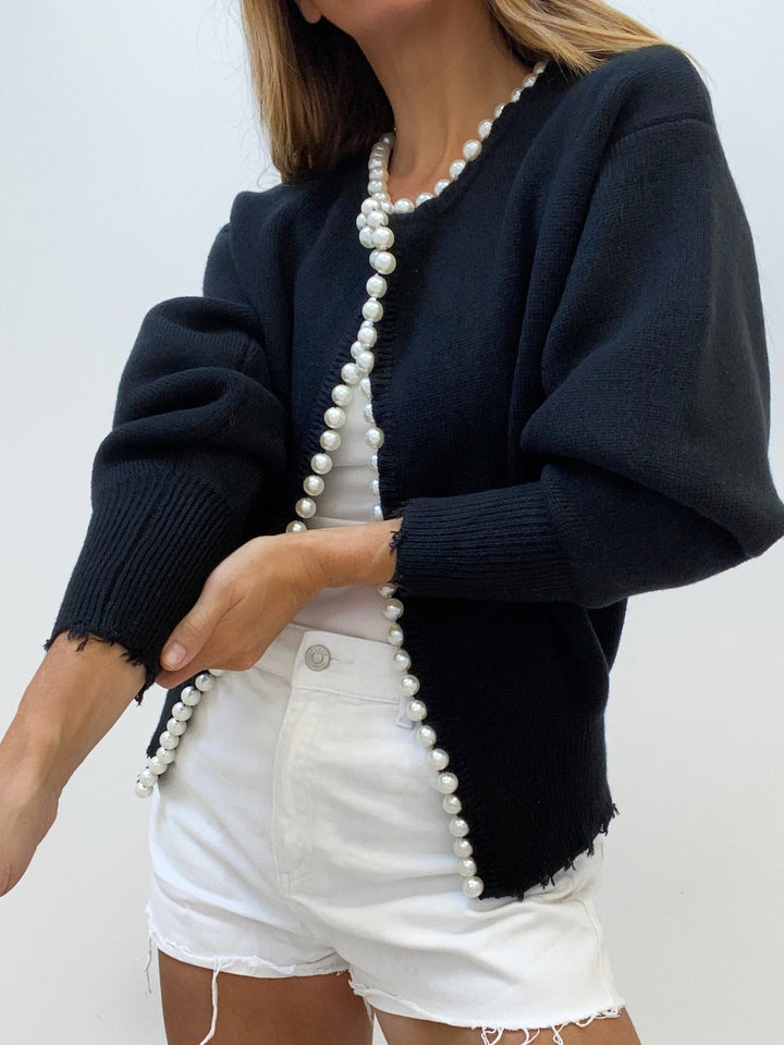 Cardigan Donna in Maglia Misto Cotone Manica Lunga con Perle - Vesarelli