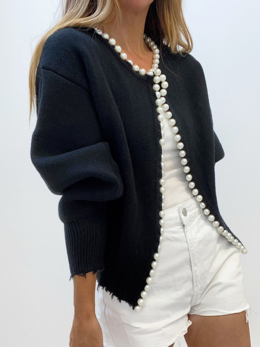 Cardigan Donna in Maglia Misto Cotone Manica Lunga con Perle