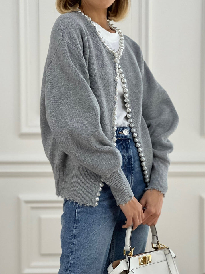 Cardigan Donna in Maglia Misto Cotone Manica Lunga con Perle