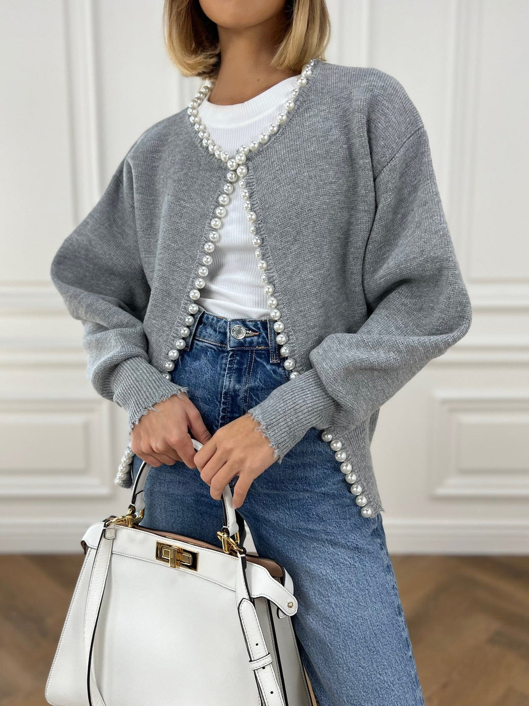 Cardigan Donna in Maglia Misto Cotone Manica Lunga con Perle