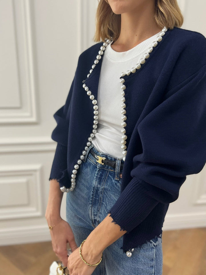 Cardigan Donna in Maglia Misto Cotone Manica Lunga con Perle