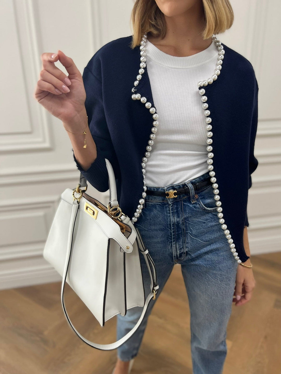 Cardigan Donna in Maglia Misto Cotone Manica Lunga con Perle