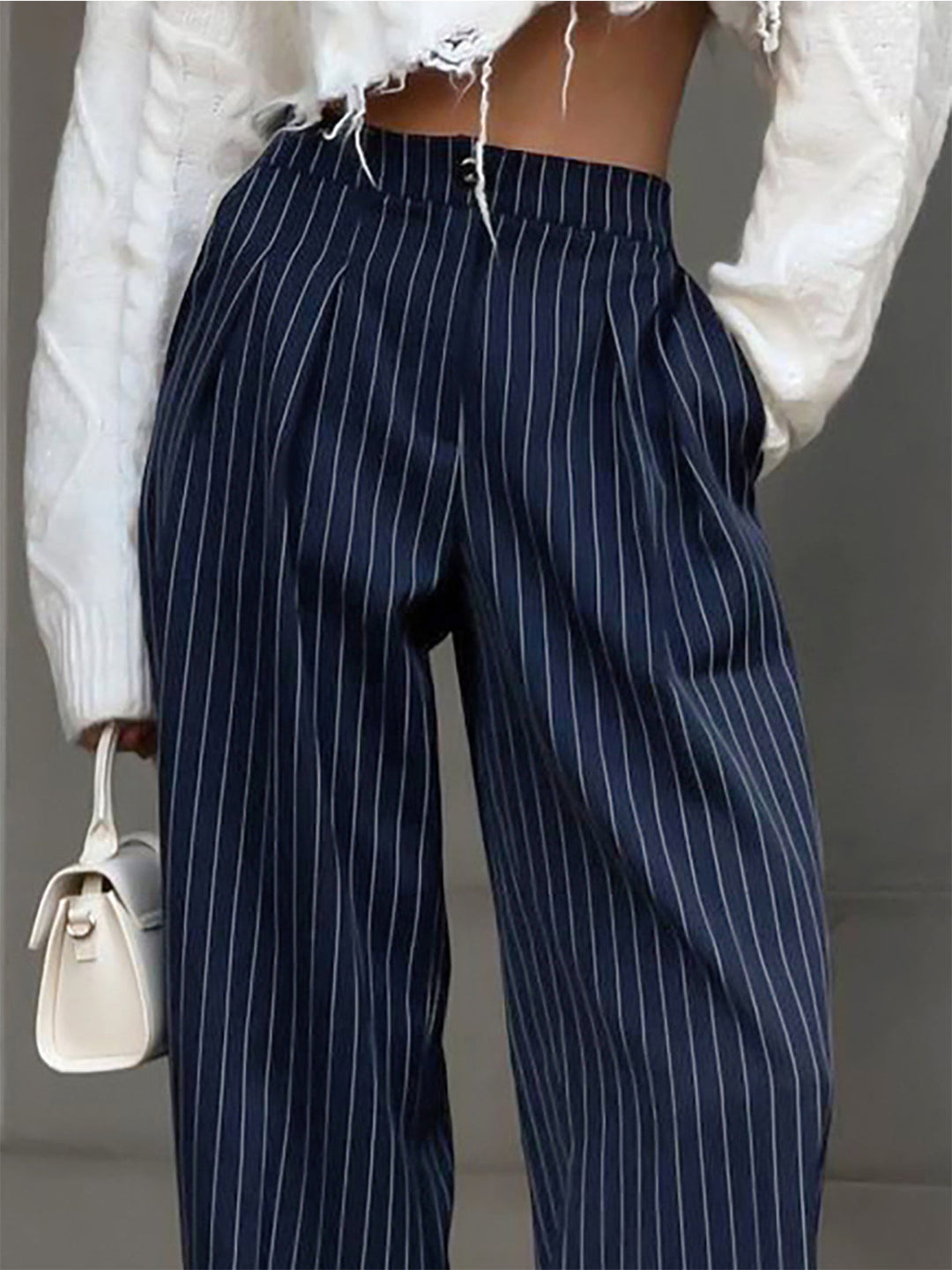 Pantaloni Donna Eleganti Tessuto Gessato Taglio Largo