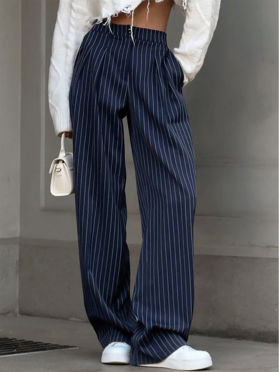 Pantaloni Donna Eleganti Tessuto Gessato Taglio Largo