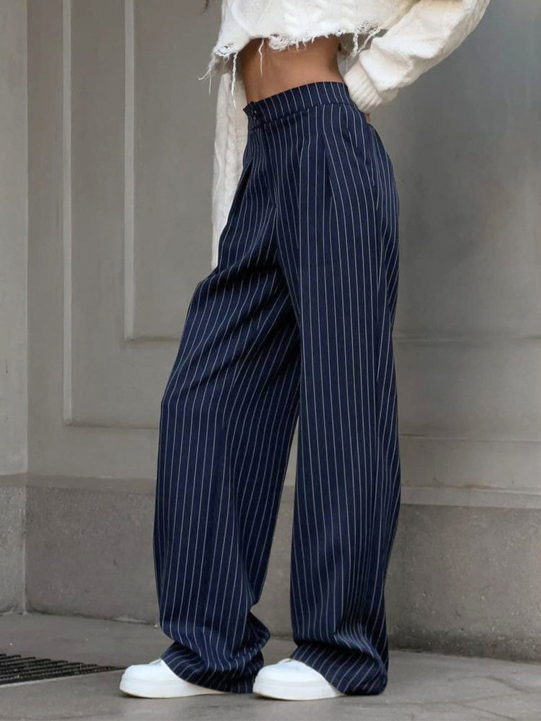 Pantaloni Donna Eleganti Tessuto Gessato Taglio Largo