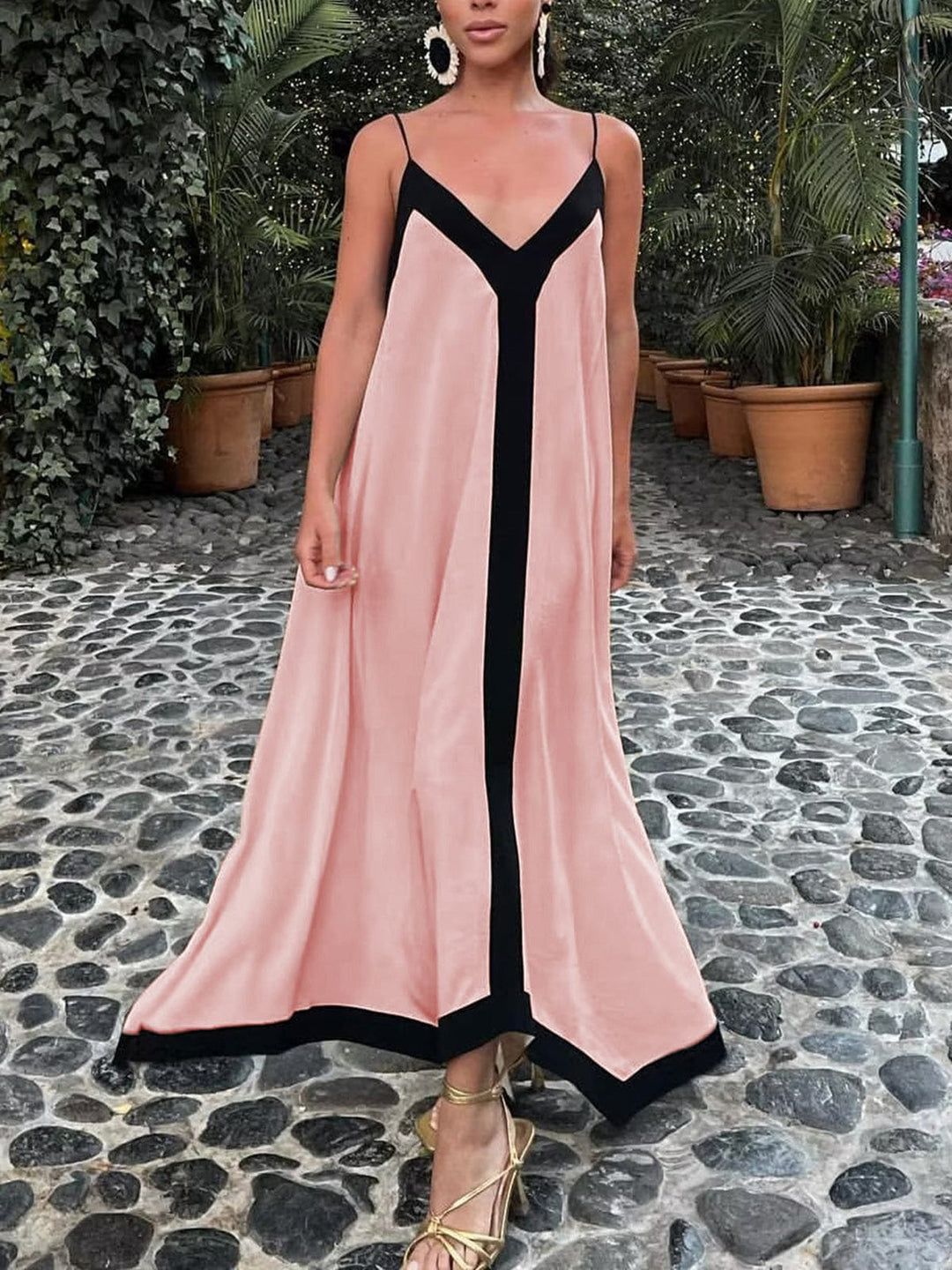 Abito Lungo Donna Scollo a V Spalline Sottili Taglio Fluido
