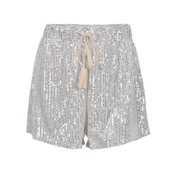 Pantaloncini donna in paillettes argento, elastico in vita, laccio decorativo, moda estiva, abbigliamento casual elegante, taglia unica.