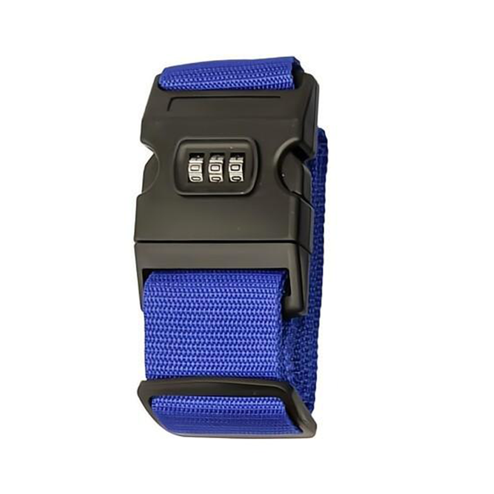 Cintura bagaglio blu con chiusura a combinazione numerica nera, accessorio viaggio sicuro, regolabile, resistente, ideale per valigie e zaini.
