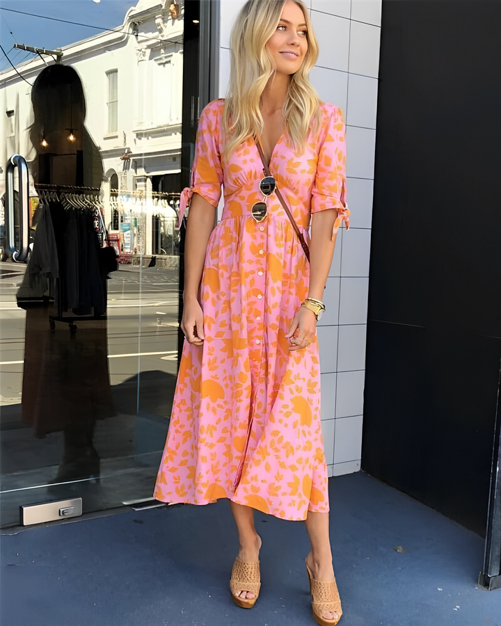 Abito Midi Donna in Tessuto Leggero Scollo a V Estivo